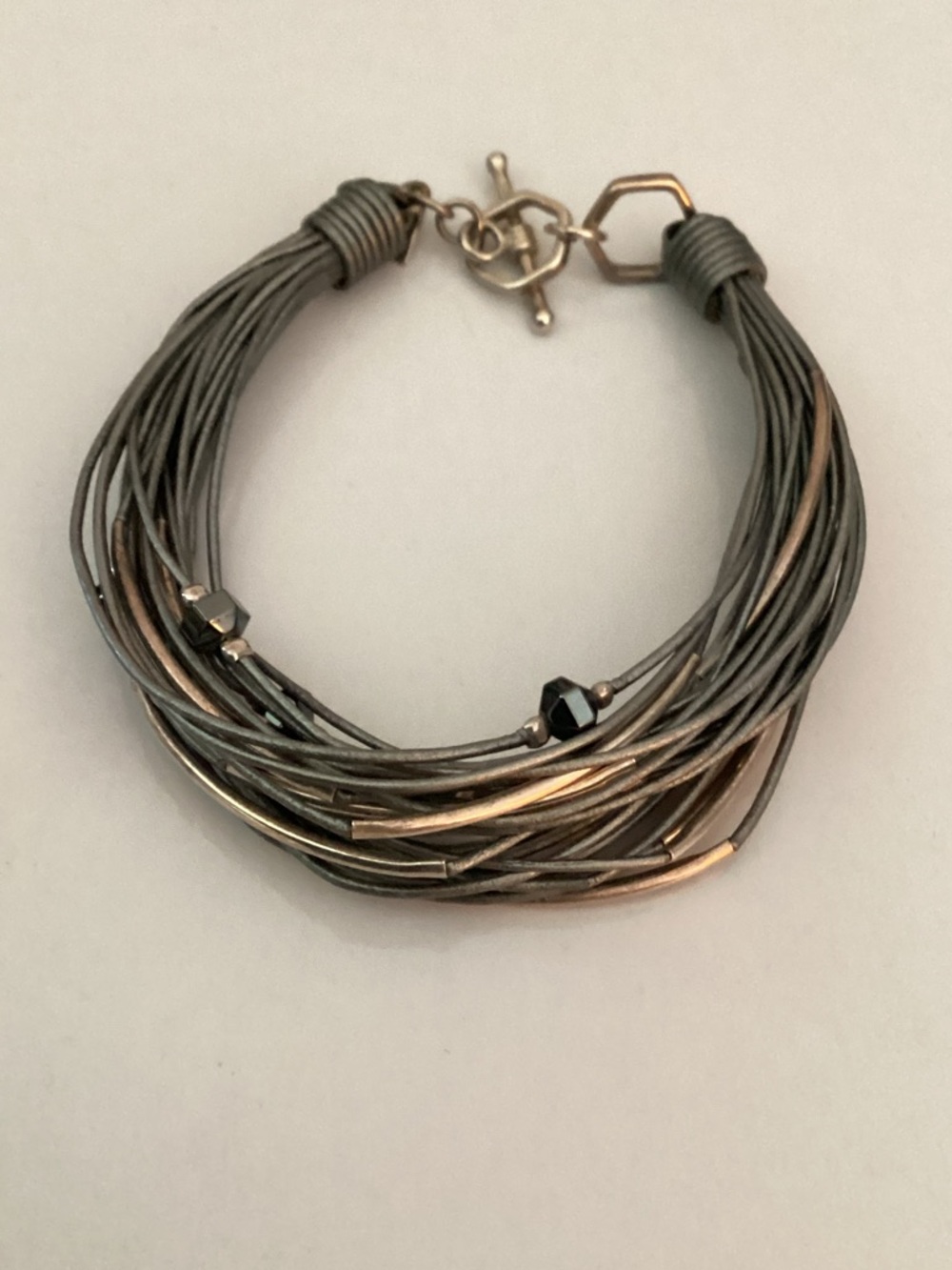 Silpada gray leather sterling & Hematite glass bracelet